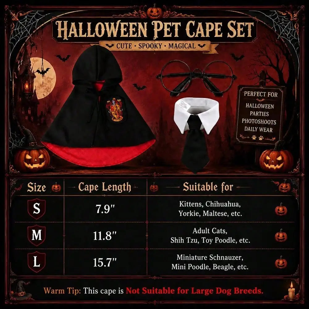 Spooky Halloween Dog Hooded Cape – Horror & Gothic Wizard Costume with Black Tie and Glasses, Adjustable Size