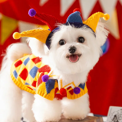 Dog Clown Sweater Clothing Halloween Cute Funny Crazy Circus Sweater Hat Warm Quirky Dogs Cat Set Autumn Winter Clothes Dress