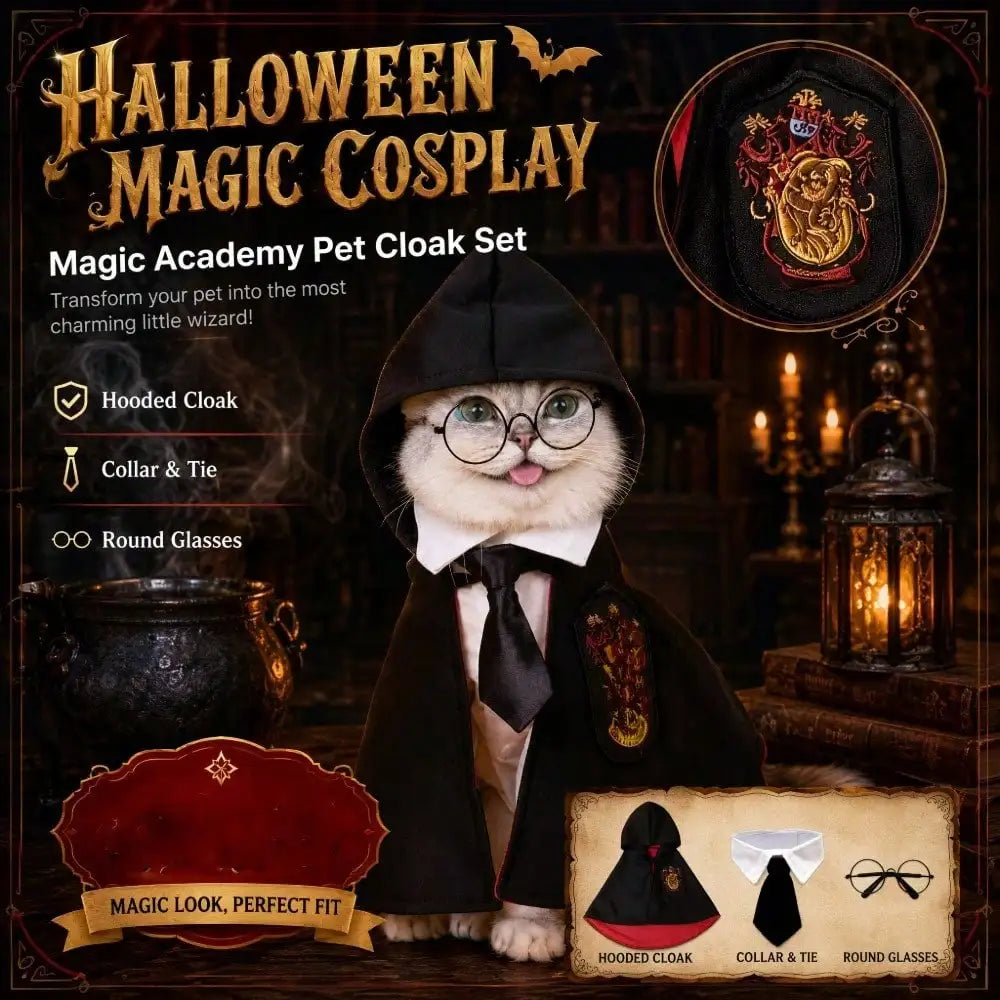 Spooky Halloween Dog Hooded Cape – Horror & Gothic Wizard Costume with Black Tie and Glasses, Adjustable Size