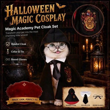 Spooky Halloween Dog Hooded Cape – Horror & Gothic Wizard Costume with Black Tie and Glasses, Adjustable Size