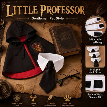Spooky Halloween Dog Hooded Cape – Horror & Gothic Wizard Costume with Black Tie and Glasses, Adjustable Size