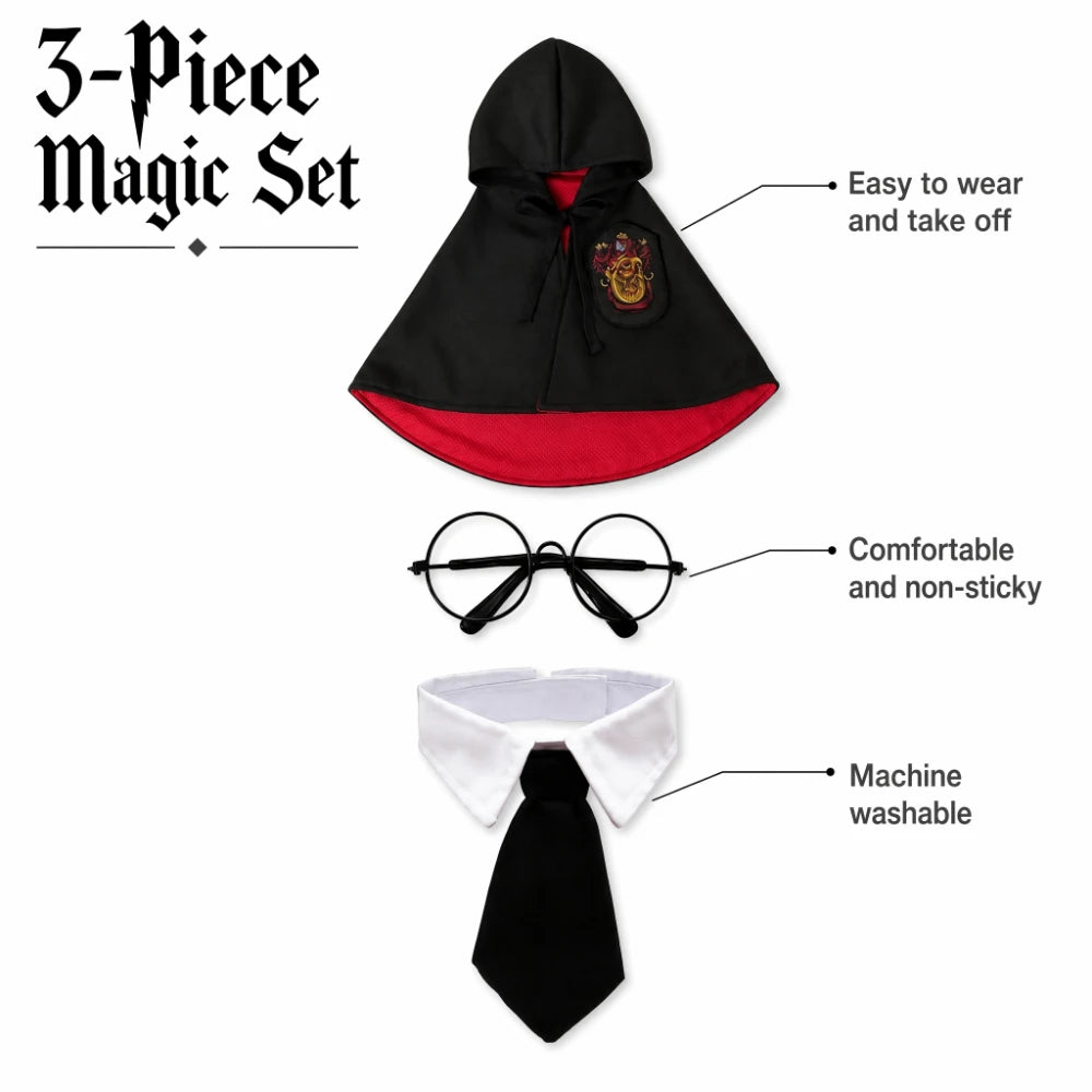 Spooky Halloween Dog Hooded Cape – Horror & Gothic Wizard Costume with Black Tie and Glasses, Adjustable Size