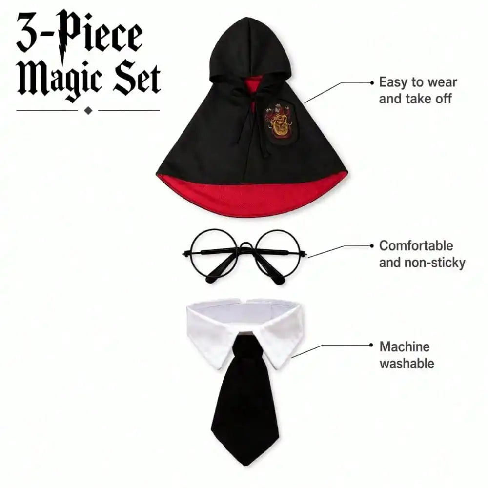 Spooky Halloween Dog Hooded Cape – Horror & Gothic Wizard Costume with Black Tie and Glasses, Adjustable Size