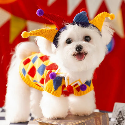 Dog Clown Sweater Clothing Halloween Cute Funny Crazy Circus Sweater Hat Warm Quirky Dogs Cat Set Autumn Winter Clothes Dress