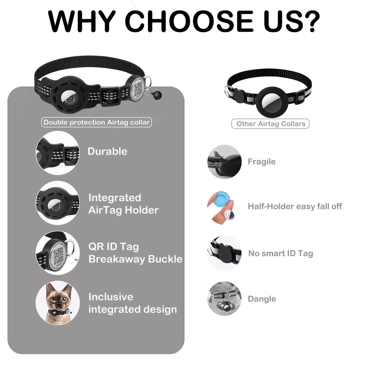 Cat GPS Collar with QR Code Tag & Airtag Case Reflective Apple Tag Cats Collar for Tracker Pet Breakaway Air Tag Kitten Collar