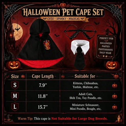 Spooky Halloween Dog Hooded Cape – Horror & Gothic Wizard Costume with Black Tie and Glasses, Adjustable Size