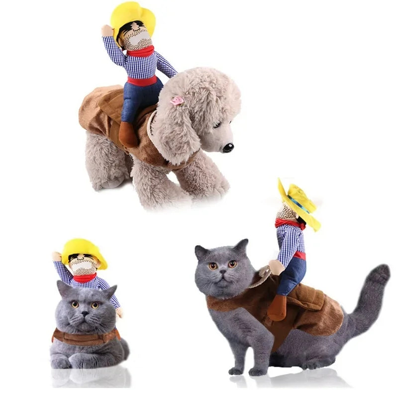 Practical Dog Cowboy Rider Suit with Matching Hat Pet Cosplay Clothes Halloween Xmas Puppy Festival Party Costume Accessory