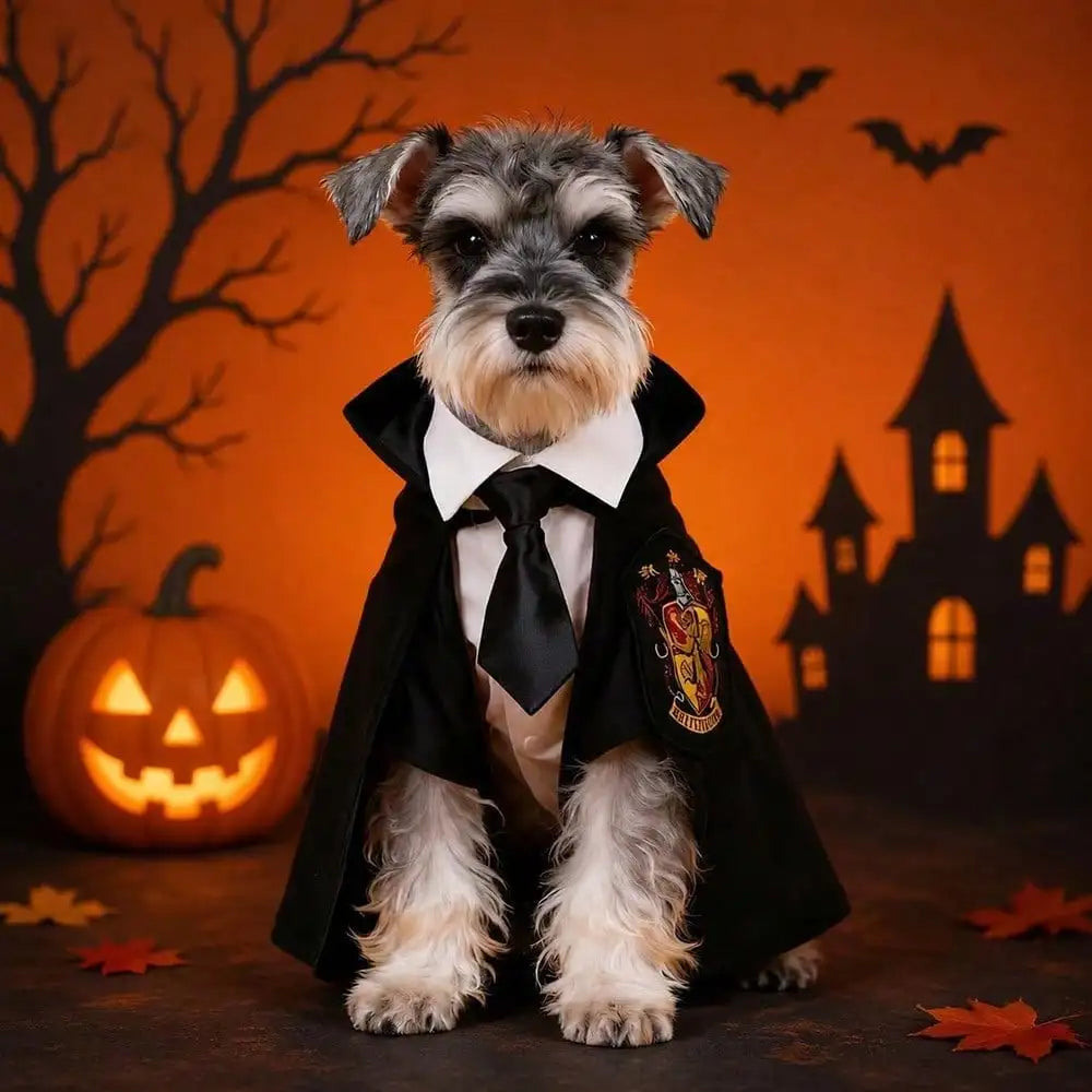 Spooky Halloween Dog Hooded Cape – Horror & Gothic Wizard Costume with Black Tie and Glasses, Adjustable Size
